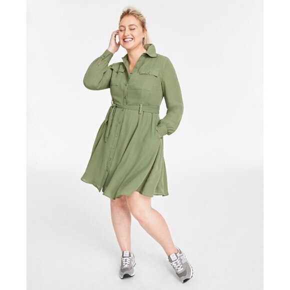 On 34th Plus Size Green Long-Sleeve Belted Shirtdress NWT - Picture 2 of 10